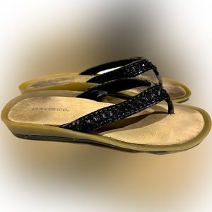 VTG CLASSIFIED BLACK SEQUIN SANDAL FLIP FLOP WEDGE SZ: 8 SWIM BEACH POOL CASUAL